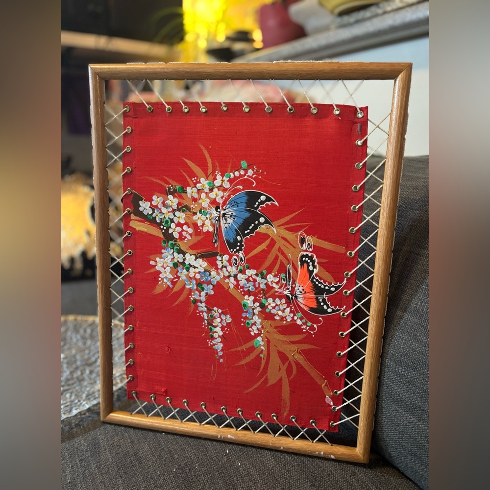Vintage Hand-Painted Asian Silk Butterfly Artwork in Bamboo Laced Frame | 18x13 - Picture 3 of 16